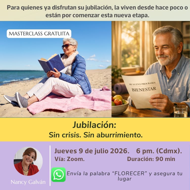 Masterclass promotional flyer in Spanish about jubilation with older adults and event details for July 9, 2026