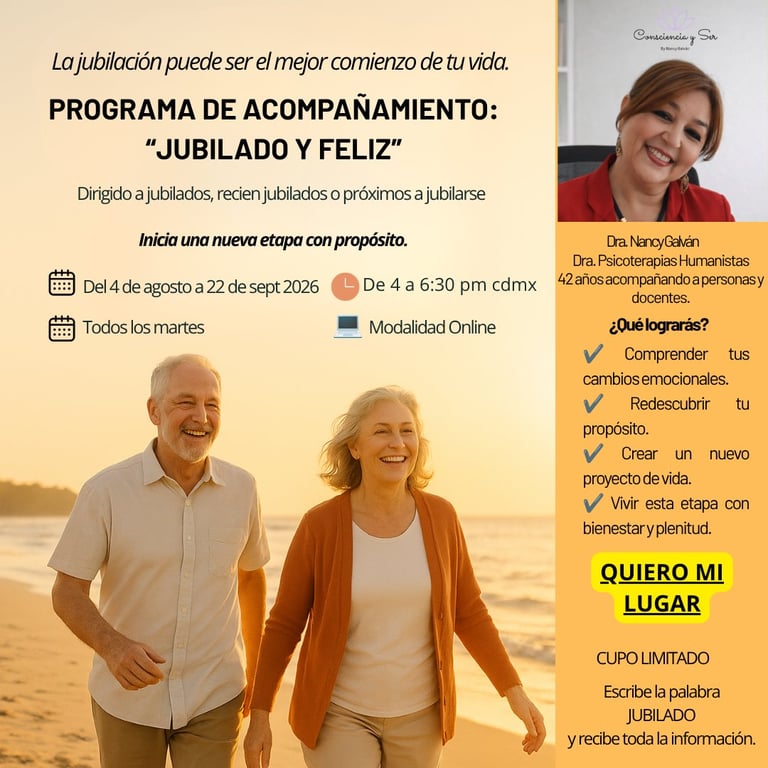 Promotional flyer for Jubilado y Feliz accompaniment program for retirees, featuring a happy older couple jogging on a beach and program details